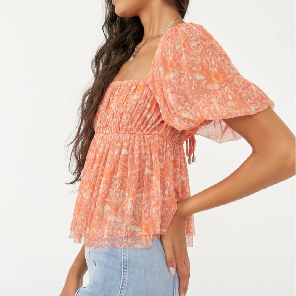 NWOT-Free People Penelope Tee Peach Combo Square Neck Blouse - Picture 14 of 16